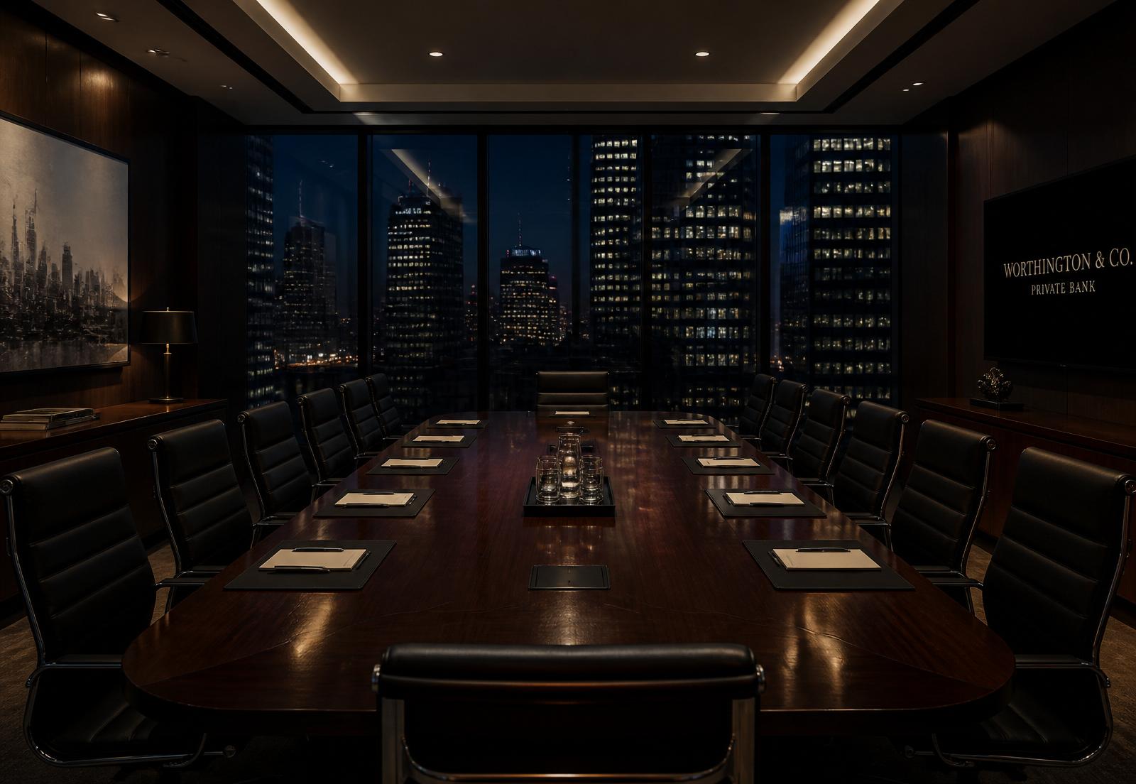 Private executive boardroom overlooking the financial district at night