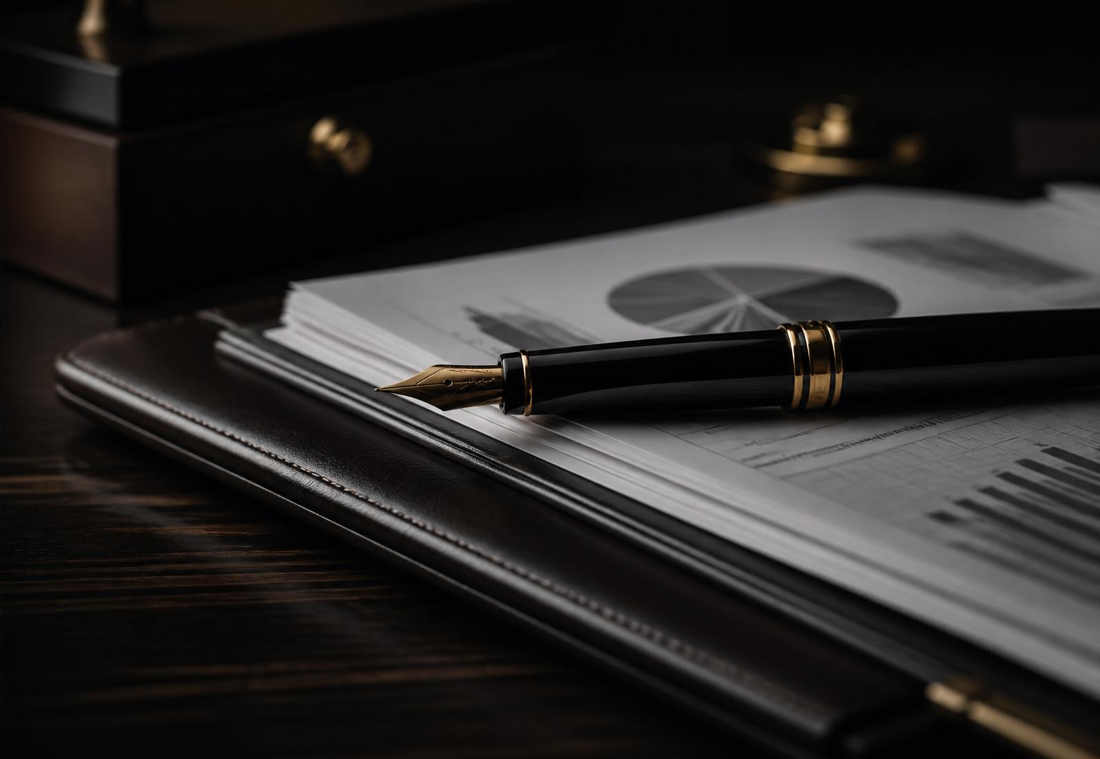 Fountain pen and financial documents on a dark walnut desk